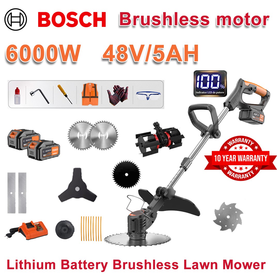 6000W brushless lawn mower + 48V/5AH lithium battery * circular saw 2 + 10 inch * steel saw 2 + 10 inch + aluminum blade * 2 + three-blade blade + plow head + folding blade + original charger + other accessories + ten years warranty