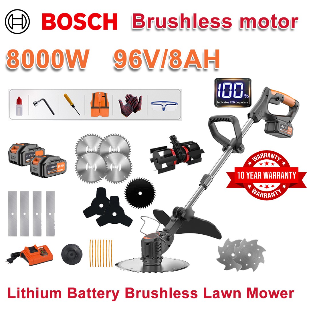 8000W Brushless Lawn Mower + 96V/8AH Lithium Battery * 2 + 10 Inch Circular Saw * 4 + 10 Inch Steel Saw Blade + Alloy Knife * 4 + Three Blade Knife * 2 + Plow Head + Folding Knife * 2 + Cutting Head + Original Knife charger + Other accessories + Ten-year warranty