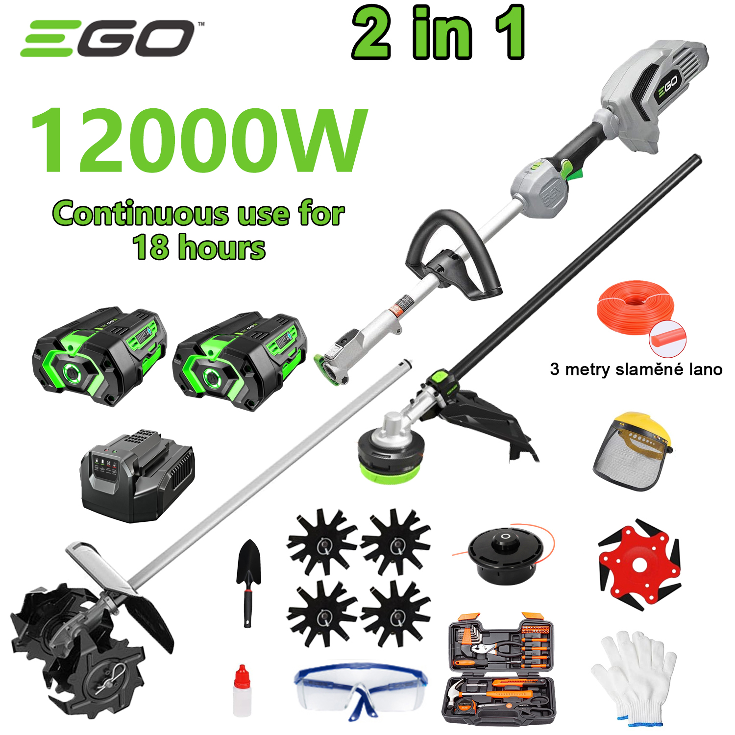 12000 W powerful two-in-one cultivator (cutting, ploughing) 2 96V batteries + fast charging + drawbar knife + cutting head + 3 m cutting rope + 6 knives, full set of accessories