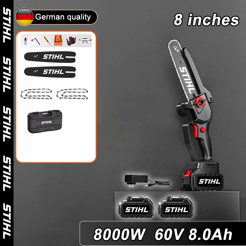 Afișaj LED de putere - (10 ore de viață a bateriei) ferăstrău cu litiu de 8 inchi fără carbon de 8000 W + baterie de 60 V 8,0 Ah * 2 + încărcător + placă de ghidare * 2 + lanț * 2 + cutie de scule + lubrifiant + protecție ochelari, 10 ani garanție