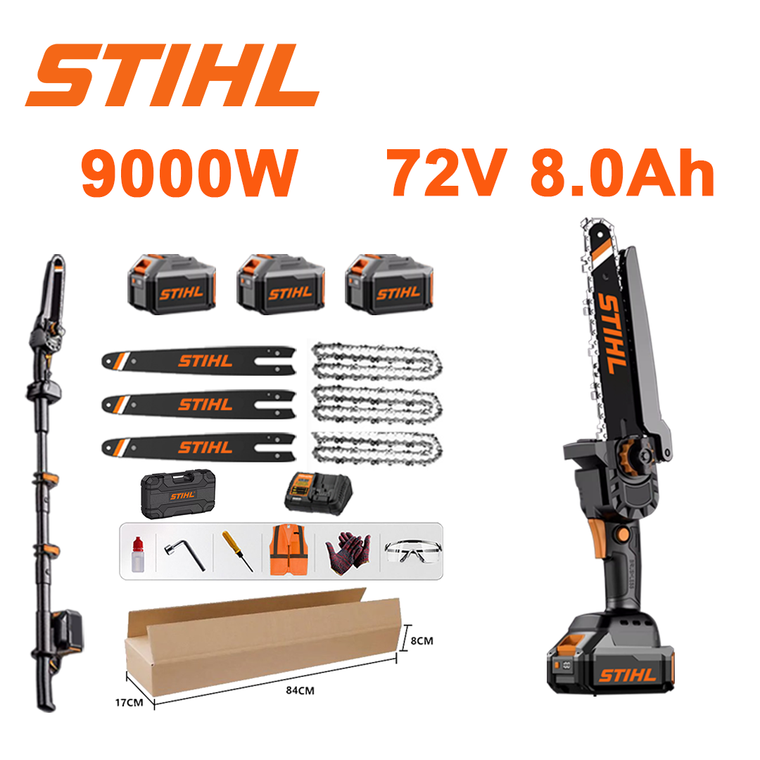 (Cu tijă telescopică) Afișaj LED de putere - (36 ore de viață a bateriei) 9000W motor fără perii cu litiu ferăstrău cu lanț + baterie 72V 8.0Ah * 3 + încărcător + lanț * 3 + placă de ghidare * 3 + bandă de lustruit * 1 + cutie de scule + ulei lubrifiant + ochelari de protecție, 6 ani garanție