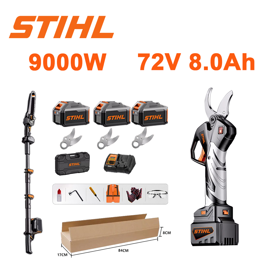 (Cu tijă telescopică) Afișaj LED de putere - (36 de ore de autonomie a bateriei) 9000W cu motor fără perii baterie litiu foarfece de tăiat + baterie 72V 8.0Ah * 3 + încărcător + lamă SK9 * 3 + bară luminoasă * 1 + cutie de scule + ulei lubrifiant + ochelari de protecție, 6 ani garanție