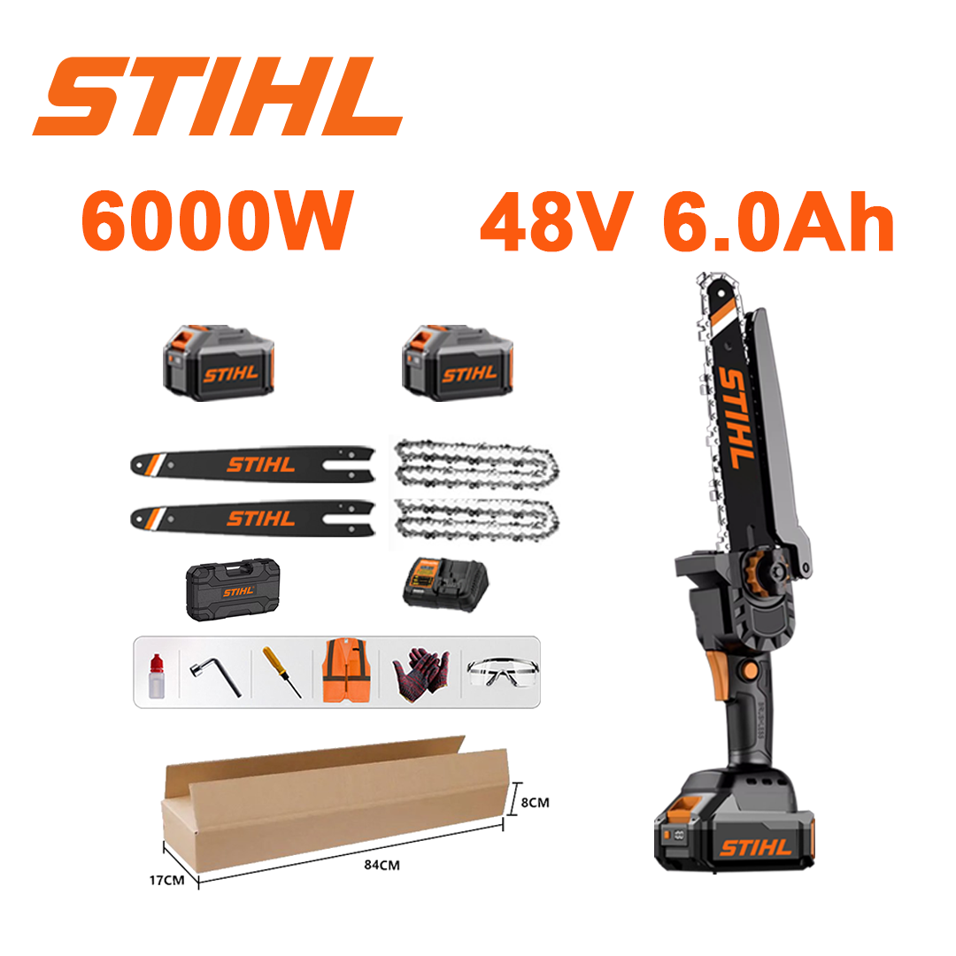 Afișaj LED de putere - (durată de viață a bateriei 24 ore) ferăstrău cu lanț cu motor fără perii cu litiu + baterie 48V 6.0Ah * 2 + încărcător + lanț * 2 + placa de ghidare * 2 + bară luminoasă * 1 + cutie de scule + ulei lubrifiant + ochelari de protecție, 6 ani garanție