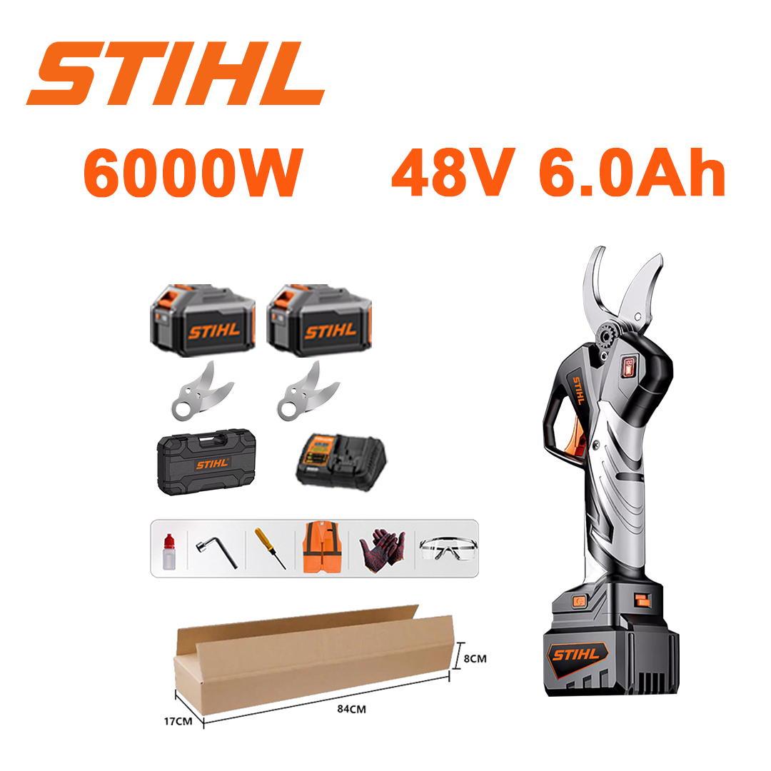 Afișaj LED de putere - (24 ore de viață a bateriei) 6000 W cu motor fără perii baterie cu litiu foarfece de tăiere + baterie 48 V 6,0 Ah * 2 + încărcător + lamă SK5 * 2 + bară luminoasă * 1 + cutie de scule + ulei lubrifiant + ochelari de protecție, 6 ani garanție
